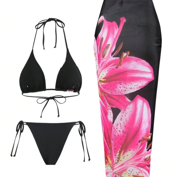 Fashion Flower Print Bikini Set Women's High Waist Long Skirt 3 Piece Swimsuit  Mini Triangle Backless Thong Bathing Suit - Image 2