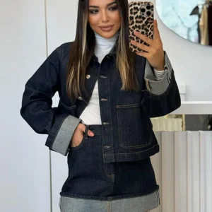 Denim Skirt Women Set Casual Long Sleeve Lapel Pocket Button Jacket Pleated Min Skirts 2025 Autumn New Lady Suit