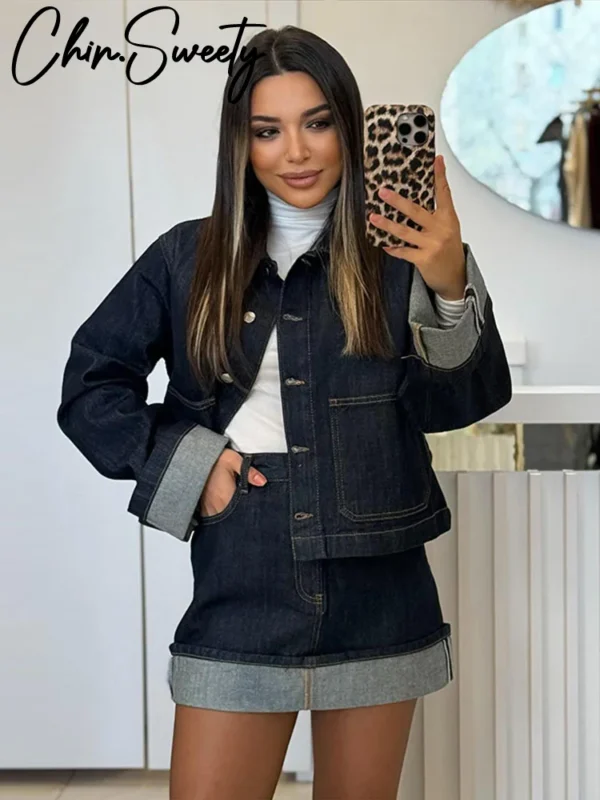Denim Skirt Women Set Casual Long Sleeve Lapel Pocket Button Jacket Pleated Min Skirts 2025 Autumn New Lady Suit