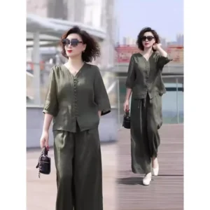 Hot Sale Of The Season New plus Size Summer Casual Set Women's Korean Version Mid-aged Mom Top Slimming Wide Leg Pants Two-piece