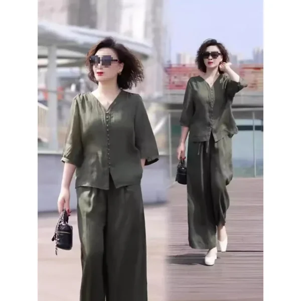 Hot Sale Of The Season New plus Size Summer Casual Set Women's Korean Version Mid-aged Mom Top Slimming Wide Leg Pants Two-piece