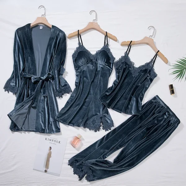 TOP Casual Velour Home Clothing 4pcs Sleep Set Intimate Lingerie Women Pajamas Suit Long Sleeve Lace Velvet Homewear Pyjamas set - Image 2