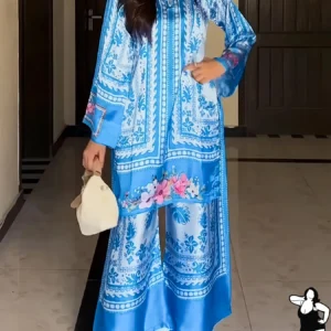 Plus size women's casual fashion ethnic style mid-length printed top and wide-leg pants suit two-piece set