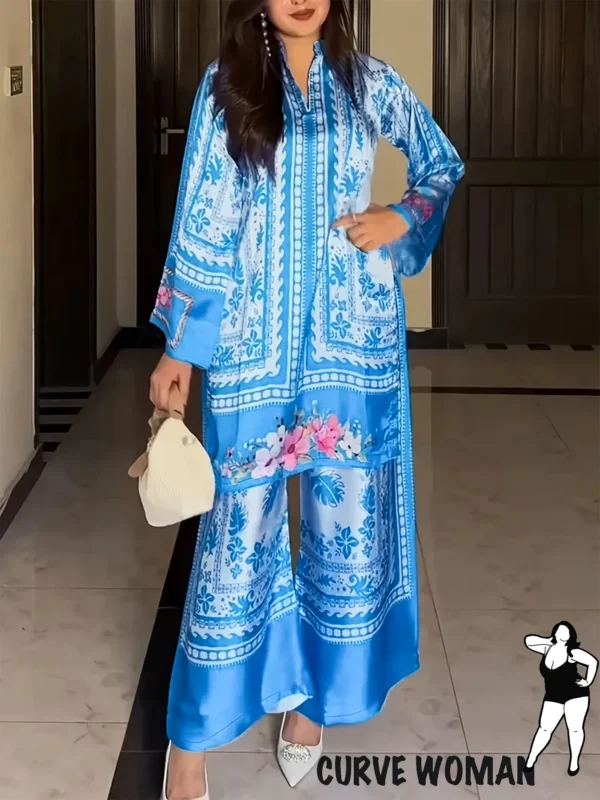 Plus size women's casual fashion ethnic style mid-length printed top and wide-leg pants suit two-piece set