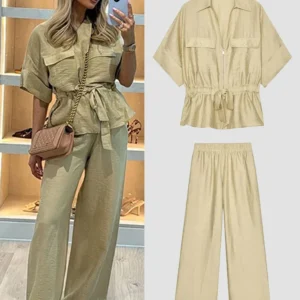 Casual Coat Pant Set Women Loose Zipper V-neck Lace Up Pleat Top Wide Leg Trousers Suit 2025 Summer Lady 2 Pieces Outfits New