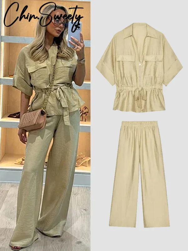Casual Coat Pant Set Women Loose Zipper V-neck Lace Up Pleat Top Wide Leg Trousers Suit 2025 Summer Lady 2 Pieces Outfits New
