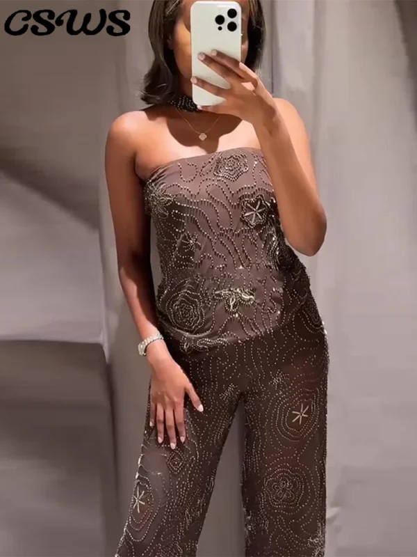 Sexy Beading Sequin Top Pant Set Women Slim Tube Top Scarf Neck See Through Straight Trouser 2025 Fashion Autumn Party Suit Lady