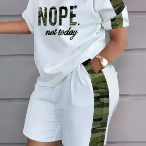 Women Casual Short Sleeve Outfit 2024 Summer Fashion Letter Printed O Neck Pocket Suit Female T Shirt Top Shorts Two Pieces Set