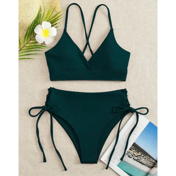 Solid Bikini Set Swimsuit Women V Neck Backless Lace Up High Cut Thong Split Bathing Suit 2025 New Beach Swimwear 2 Piece Sets - Image 2