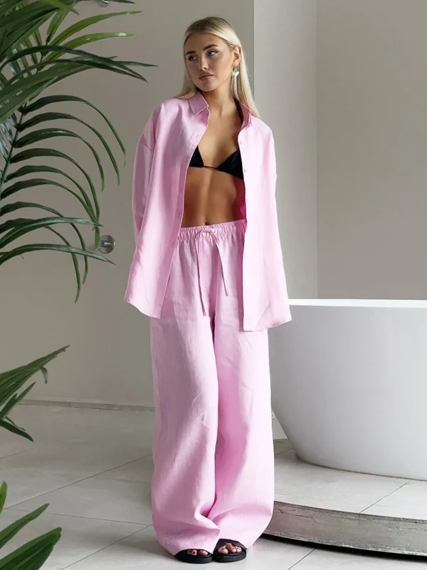 Bornladies Cotton Casual Pants Sets Women's Solid Color Cozy Lapel Long Sleeve Shirt Summer Outfit Elastic Waist Pants Suits - Image 6