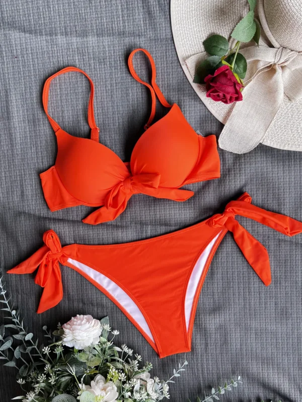 front bow knot push up bikinis two pieces solid swimsuit tie bikini swimsuit Swimwear Biquini conjunto de bikini tankini - Image 3