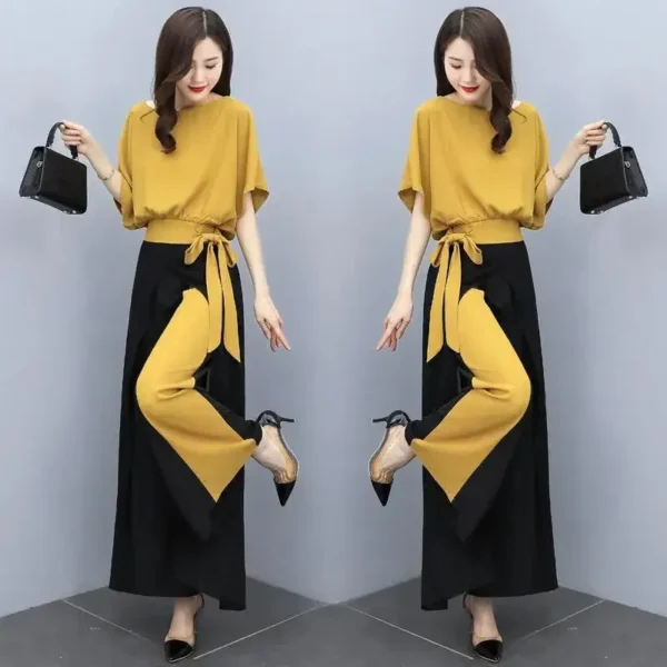 Elegant Stylish Women's Bell Bottom Suit 2024 Summer New Arrival Age-reducing Fashionable 2-piece Set Yellow Blue - Image 2