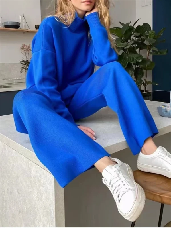 REALEFT Autumn Winter 2 Pieces Women's Sets Elegant Knitted Tracksuit Turtleneck Sweater and Straight Jogging Pants Outfit Suits - Image 2