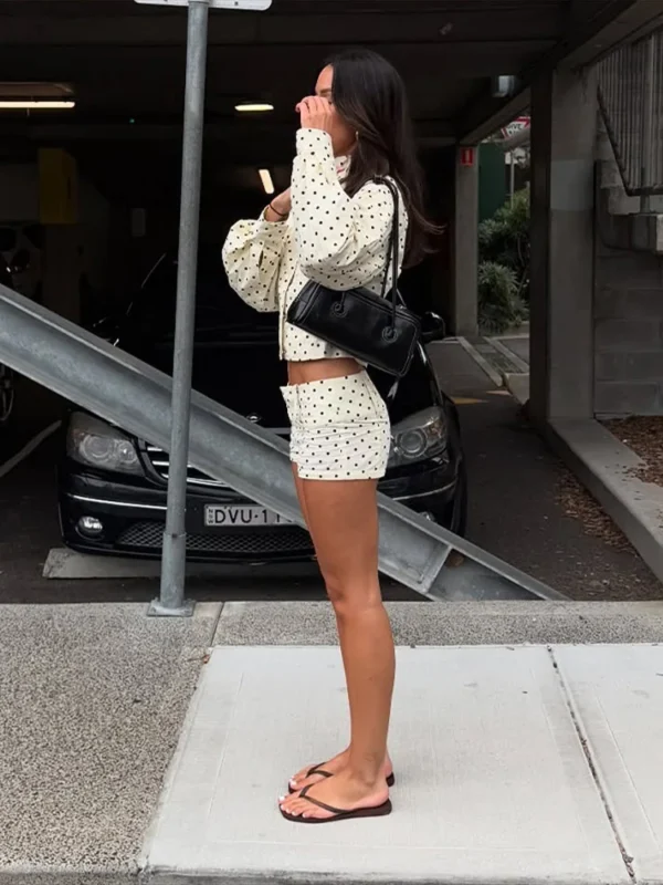 Polka Dots Print Jacket Shorts Set Women's Casual Full Sleeve Zipper Stand Collar Coat Slim Short Pants 2025 Autumn New Outfit - Image 5