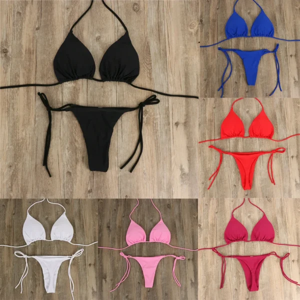 Women Thong Bikini Set Side Tie Sexy Swimsuit Bandage Style Swimwear Swimming Accessories Red/Blue/Black/White/Wine Red/Pink - Image 4