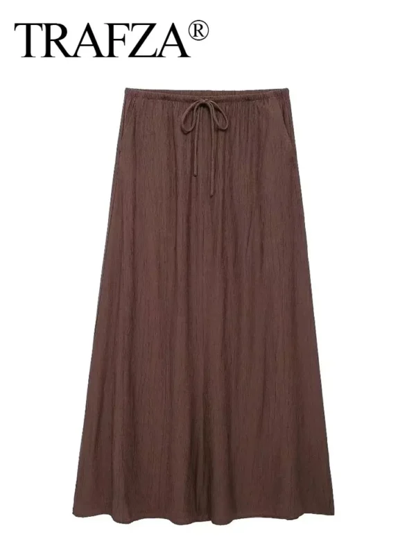 TRAFZA Women Casual Loose Midi Skirts Elegant Solid Drawstring A-Line Skirt 2024 Summer Female Fashion Streetwear - Image 4