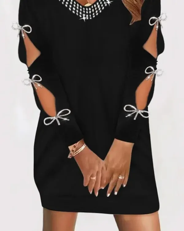 Womens Dresses 2023 Summer Fashion Rhinestone Bowknot Decor Cutout Casual V-Neck Plain Long Sleeve Daily Mini Straight Dress - Image 2