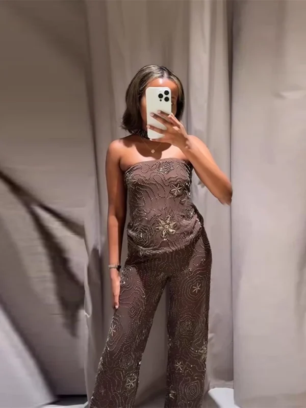 Sexy Beading Sequin Top Pant Set Women Slim Tube Top Scarf Neck See Through Straight Trouser 2025 Fashion Autumn Party Suit Lady - Image 4