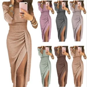 Women Summer Dress Bag Butt Slit Neckline Glitter Solid Color Off Shoulder Opaque Woman Dresses Vestidos TXGL017