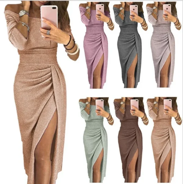 Women Summer Dress Bag Butt Slit Neckline Glitter Solid Color Off Shoulder Opaque Woman Dresses Vestidos TXGL017