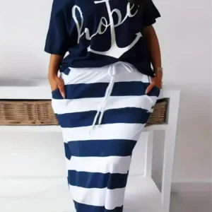 Plus Size 1XL-5XL Women's Fashion Short Sleeve Striped Pants Set Casual Loose Round Neck Letter Printed Short Sleeve Pants Set