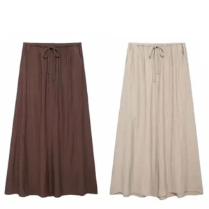 TRAFZA Women Casual Loose Midi Skirts Elegant Solid Drawstring A-Line Skirt 2024 Summer Female Fashion Streetwear