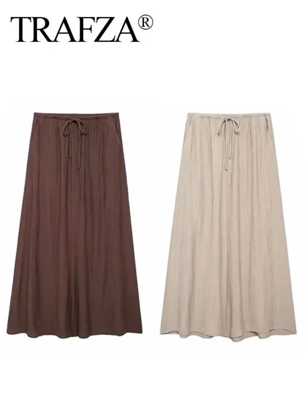 TRAFZA Women Casual Loose Midi Skirts Elegant Solid Drawstring A-Line Skirt 2024 Summer Female Fashion Streetwear