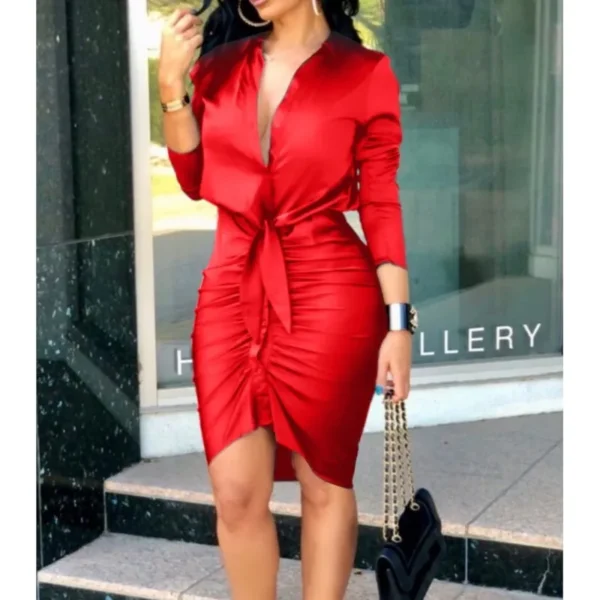 Summer Autumn New Elegant Ladies's Dress 2024 V-neck Strap Solid Color Elastic Waist Bag Hip Printed Long Sleeve Shirt Dress - Image 6