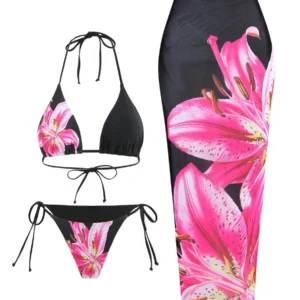 Fashion Flower Print Bikini Set Women's High Waist Long Skirt 3 Piece Swimsuit  Mini Triangle Backless Thong Bathing Suit