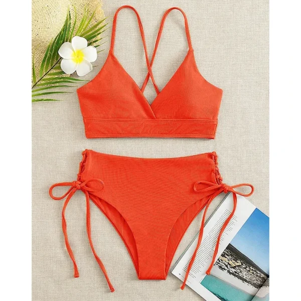Solid Bikini Set Swimsuit Women V Neck Backless Lace Up High Cut Thong Split Bathing Suit 2025 New Beach Swimwear 2 Piece Sets - Image 6