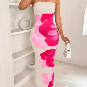 Elegant Fashionable Printed Long Dress New Summer Women's Sexy Slim Fit Chest Wrapped Off Shoulder Casual Dress