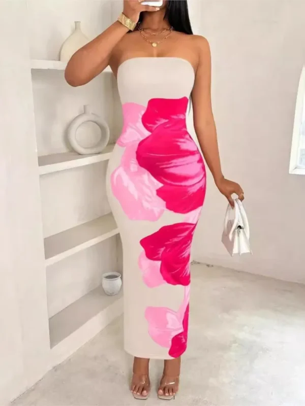Elegant Fashionable Printed Long Dress New Summer Women's Sexy Slim Fit Chest Wrapped Off Shoulder Casual Dress