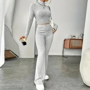 2 Pcs/Set Autumn Winter Women Top Pants Set Half-high Collar Long Sleeves Slim Fit Sweatshirt Trousers Set Casual Sport Outfit