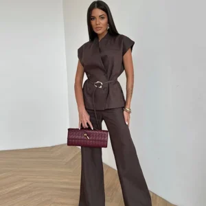 V-neck Double Breasted Women Top Set High Waist Wide Leg Female Pants Sets 2025 Fashion Casual Summer Chic Solid Lady Shirt Suit